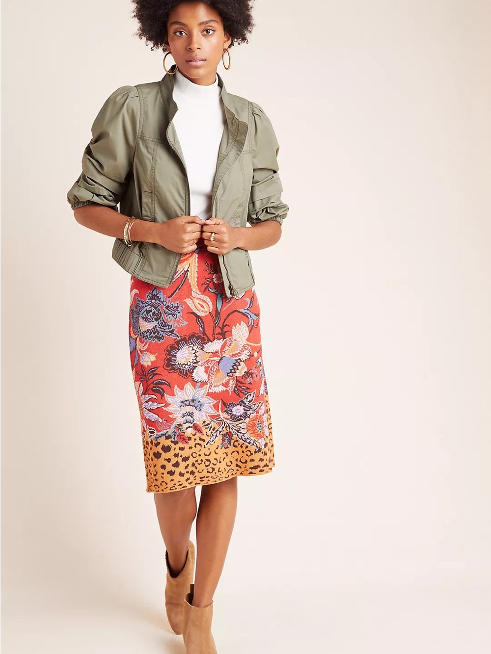 Maeve Coral Floral Midi Pencil Skirt with Leopard Border